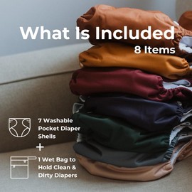 Nora's Nursery Large Pocket Cloth Diaper 7 Pack for Toddlers 35 to 55lbs with 1 Wet Bag - Waterproof Cover, Washable, Reusable & One Size Adjustable - Pacific Neutrals