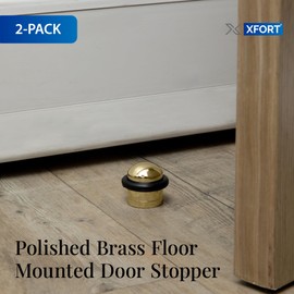 XFORT Polished Brass Floor Mounted Door Stopper - Soundproof Door Stop with Rubber Ring to Protect Doors, Walls & Skirting - Internal and External, 2 Pack