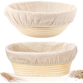Sourdough Bread Baking Supplies, 2 Pack Banneton Bread Proofing Basket 10 inch Round & 10 inch Oval Proofing Bowls for Sourdough Bread with Liner Making Baking Fermentation Tools