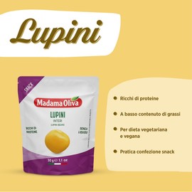 MADAMA OLIVA, Lupini, Ottimo Snack per Aperitivi, Ideale per le Insalate Miste e nelle Minestre, Senza Conservanti Aggiunti, 100% Made in Italy, Box da 20 Buste in Alluminio da 30 gr