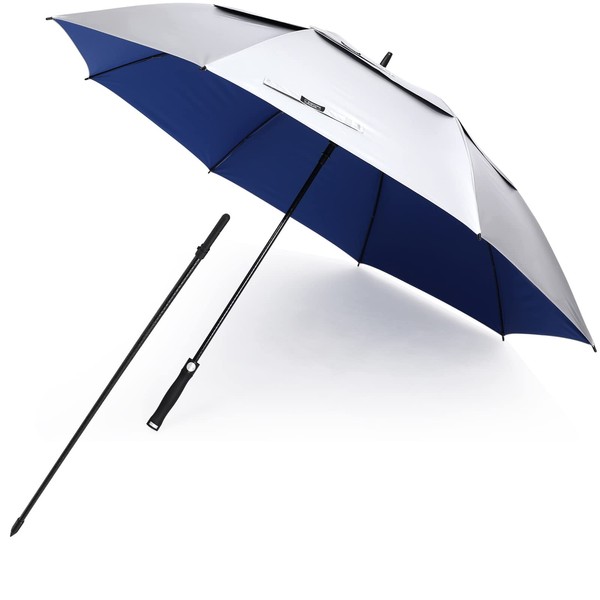 G4Free Vented UV Golf/Beach Umbrella 68" Arc, Auto Open Oversize Extra Large Windproof Sun Shade Rain Umbrellas(Silver/Blue)