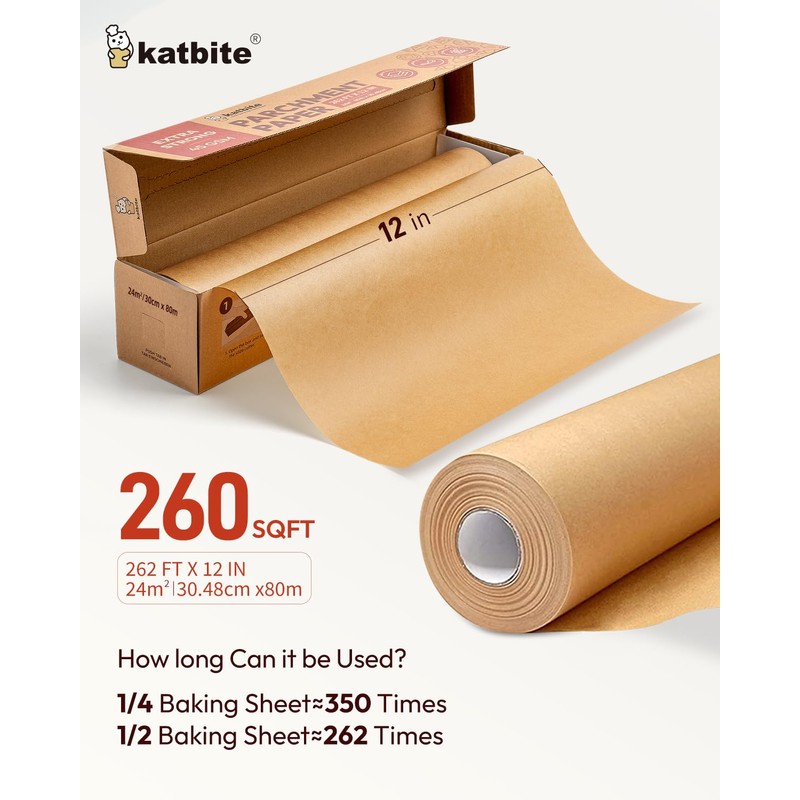 Unbleached Parchment Paper Roll for Baking 12in x 262ft, 260