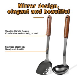 FJNATINH Stainless Steel Wok Spatula and Ladle Tool, Mirror Polished Cooking Utensils Set Metal Wok Accessories with Wooden Handle,Easy to Clean Kitchen Utensils,Black