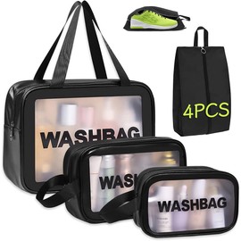 4 Piezas Bolsa de Maquillaje de Viaje, Neceser de Aseo Impermeable para Mujer y Hombre, Cosmetiqueras Transparentes Portatil, Organizador de Cosmético para Artículos de Tocador Baño (Negro)