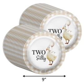 Two Silly Goose Second Birthday - 32 Piece Disposable Party Supplies - Decorations for Gingham 2nd Birthday Round Party Plates - Large 9" Paper Plates In Bulk