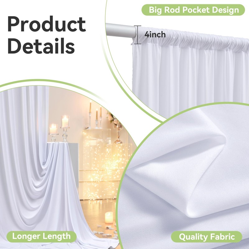 10ftx12ft Wrinkle Free White Backdrop Curtain, 8 Panels 12FT Height