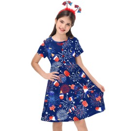 Patriotic Fourth of July Swing Dresses Kid Girl American Flag Memorial Day Button Tunic Dress 13-14 Years