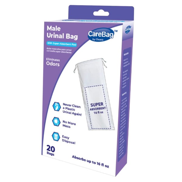 The Original Carebag Male Urinal Bag with Super Absorbent Pad, 60 Count (3 Boxes of 20) – Medical Grade, Disposable Travel Urinals – Plastic Urinal Bottle Bags for Bedside Emergency