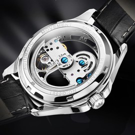 OLEVS Skeleton Watch Men Automatic Watches Luxury Black Leather Band Mechanical Wind Up Watches for Men Waterproof Luminous Men's Wrist Watches Fashion Business Easy to Read Mens Dress Watch