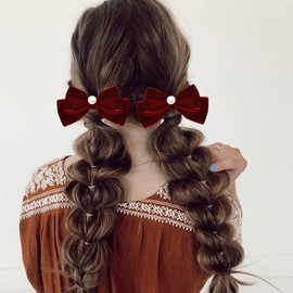 Velvet Hair Bow Clips Red Bows for Girls Women Hair Velvet Bows Barrettes for Hair Pins Pearl Bow-Knot Hair Clips Maroon Dark Red Bow Hair Accessories 2 PCS