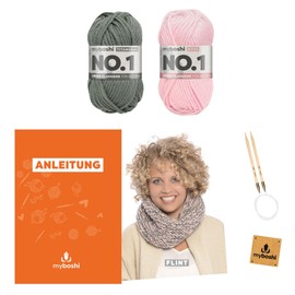 myboshi Knitting Set Tube Scarf Flint Knitting Set for Beginners Including No.1 Wool, Circular Knitting Needle, Instructions and Label, 30% Merino Wool Pink with Circular Knitting Needle