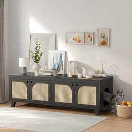 FONTOI Rattan Cat Litter Box Enclosure with Decorated Doors, Wooden Pet Washroom with Two Entrances, Double Hidden Litter House with Non-Slip Feet, Enclosure Furniture Cabinet for Two Cats