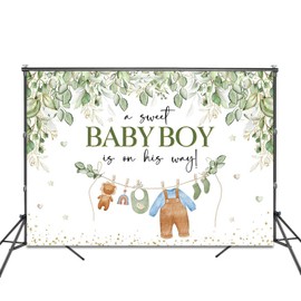 Fitumiw Cute Clothes Baby Shower Backdrop 7x5ft A Sweet Baby Boy is On His Way Background Party Decorations Greenery Eucalyptus Leaves Banner Photo Booth Props