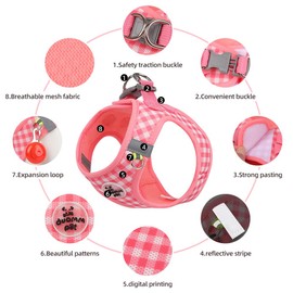 Dog Harness Small Sized and Leash Set, Plaid Step in Soft Light Puppy Vest, Breathable Mesh Pet Harness, Reflective for Small Medium Dogs Safe Easy Walking, Watermelon S