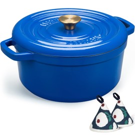 Overmont Enameled Cast Iron Dutch Oven - 5QT Pot with Lid Cookbook & Cotton Potholders - Heavy-Duty Cookware for Braising, Stews, Roasting, Bread Baking blue