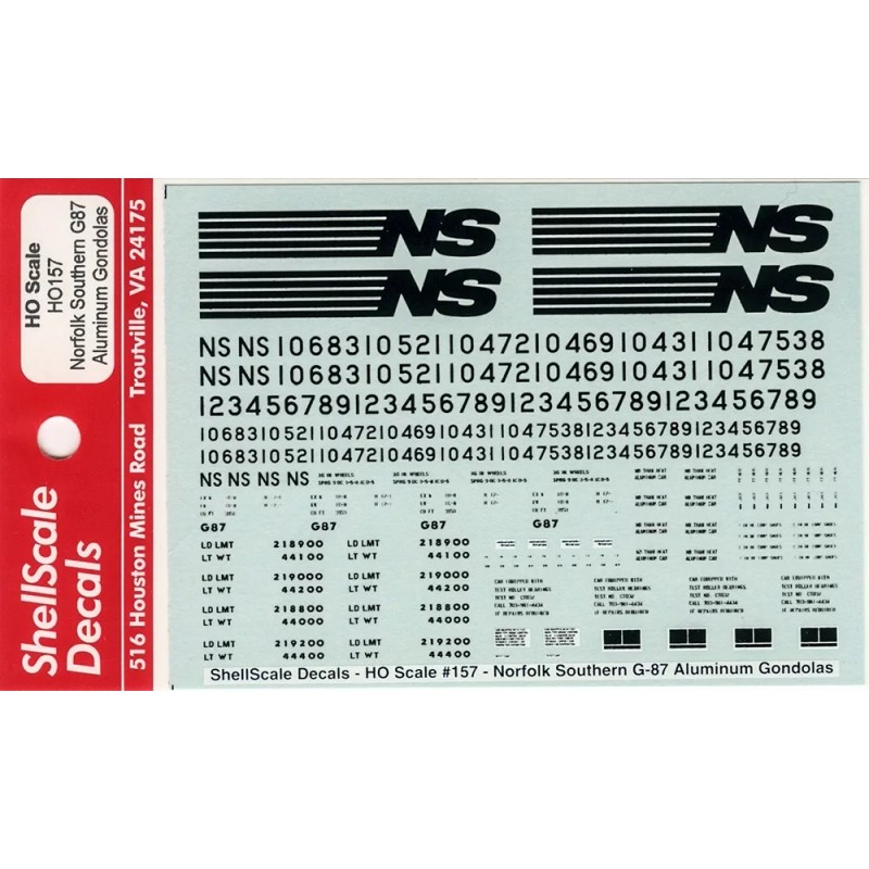 ShellScale Decals HO157 - Norfolk Southern Aluminum Gondola G87 Decals