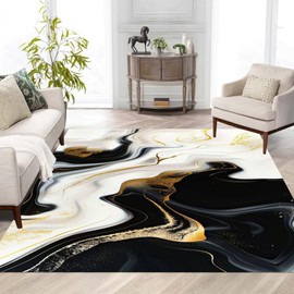 Liquid Marble Swirl Modern Abstract Black White Gold Area Rug for Living Room Bedroom Guestroom Faux Wool Washable Soft Lux Carpet Under Dining Room Coffee Table Art Deco Home Office Rug 5x7