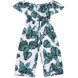 BOEBNOZCV Toddler Kids Girls Palm Leaf Wide Leg Jumpsuit Ruffle Off-Shoulder Romper Overalls Hawaii Outfit Clothing (Leaf, 5-6 Years)