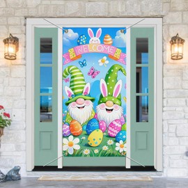 BlissYard Happy Easter Banner Door Cover 70x35 Welcome Gnome Easter Egg Background Backdrop Door Decorations Hanging for Easter Door Decorations, Spring Party Supplies, Outdoor Easter Decor