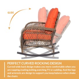 W WARMHOL Outdoor Wicker Oversized Rocking Chair, All Weather- Resistant Patio Rocking Chair for Garden Lawn, Patio Wicker Furniture Seat with 4” Thick Cushion, Orange