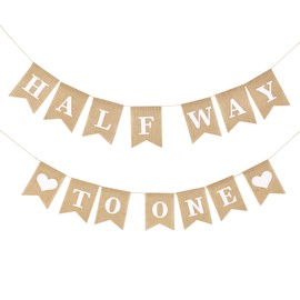 Pre-Strung Half Way To One Banner for Baby, 1/2 Birthday Party Decorations, Neutral 6 Month 1/2 Birthday Decorations Banner For Boys Girls (Khaki)