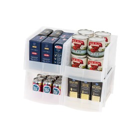 IRIS USA Clear Plastic Stackable Storage Bins, X Large- 4 Pack, Open Front Fridge Pantry Kitchen Closet Cabinet Bathroom Organizer Basket for Organizing Snack, Cans, Office Supplies, and Coffee Pods