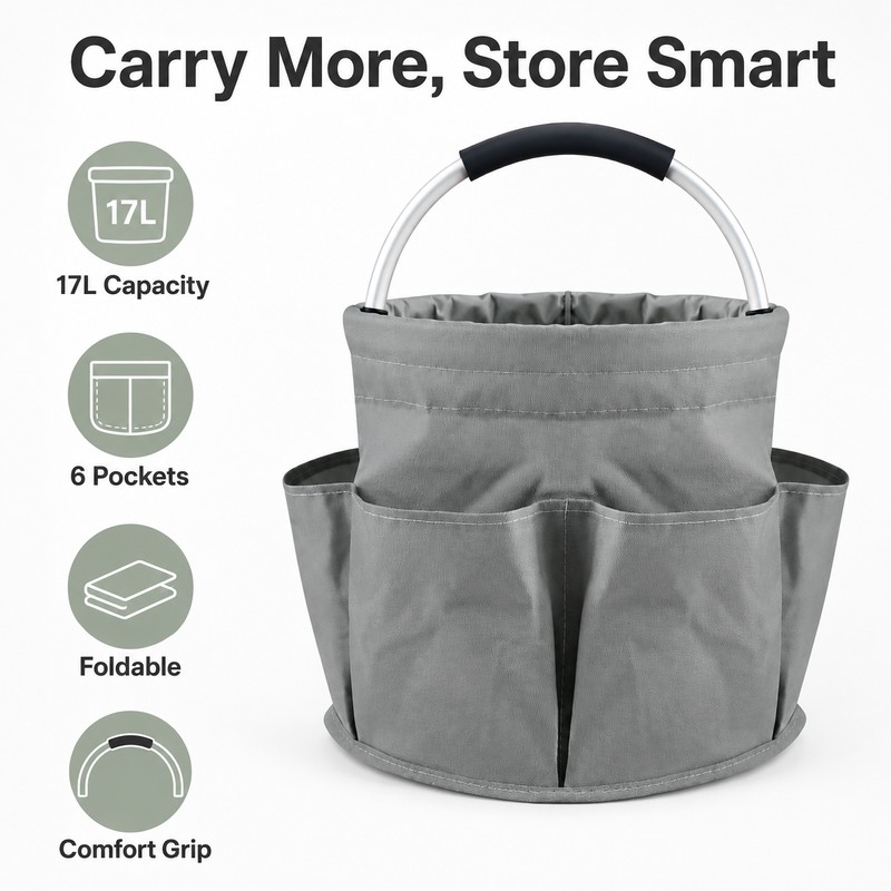 17L Garden Tool Storage Basket for Gardening - Foldable 6-Pocket
