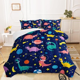 QOOMO Cartoon Space Dinosaur Kids Comforter Set for Boys Girls Full Size Black Dino Bedding Set Super Soft Dinosaurs Quilt with 1 Comforter and 2 Pillowcases Lightweight Microfiber for All Seasons