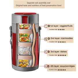 Oreilet Thermos for Hot Food, 304 Stainless Steel 2.9L Stackable Insulated Food Jar with 4 Tiers, Leak Proof Thermal Bento Lunch Box Vacuum Carrier Soup Container for Office Outdoor (red)