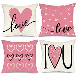 MAIGO 4Pcs Linen Pink Heart Cushion Covers 45 x 45 Cm- Pink Pillows for Sofa, Bed, Garden, Spring Cushion Covers Set 18 x18 Inch, Cushion Covers Gifts for Valentine's Day, Home Decor Pillowcases