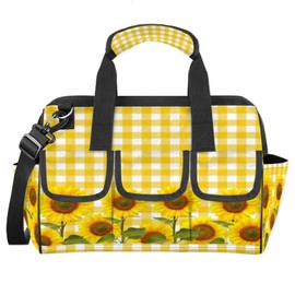 Sunflower Wide Mouth Tool Bags for Men and Women 14.8-Inch Plaid Gingham Sunflower Tool Tote Bag Pouch Heavy Duty Tool Organizer Bag with Adjustable Strape for Plumbers Electricians Handymen