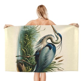 VODRM Retro Blue Heron Beach Towel, 32x52in Microfiber Quick Dry Nature Bird Vintage Bath Towels, Soft Lightweight Oversized Sand Free, for Travel Pool Swimming Gym Decor, Gifts