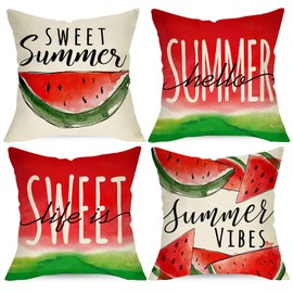 Ussap Hello Summer Watercolor Watermelon Decorative Throw Pillow Covers 20 x 20 Set of 4, Life is Sweet Cushion Case Decor, Seasonal Home Decoration for Sofa Couch