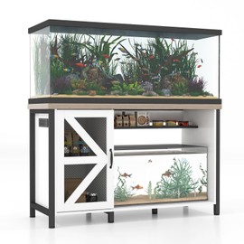 Verano 55-75 Gallon Aquarium Stand with Cabinet, Fish Tank Stand with Power Outlets & LED Light, Wooden Turtle Tank Stand 52 inch x 19.7-inch Desktop, Heavy Duty Metal Frame,1100LBS Capacity (White)