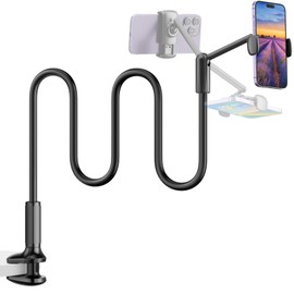 SAIJI Gooseneck Phone Holder for Bed, 360° Rotate Support Rod One-Hand Adjustable Cell Phone Stand, Compatible with All 4.7-7" Devices (Black)
