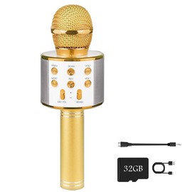 ROSY CLOUD Wireless Bluetooth Karaoke Microphone for Kids, 5-in-1 Portable Handheld Karaoke Mic Speaker Player Recorder with Adjustable Remix FM Radio for Kids Girls Boys Teens (With 32G TF Card,Gold)