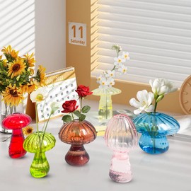 Modern Mushroom Vases Set of 6 – Colorful Glass Propagation Vases for Plants, Mini Hydroponic Terrarium, Cute Home & Office Decor Gift for Plant Lovers