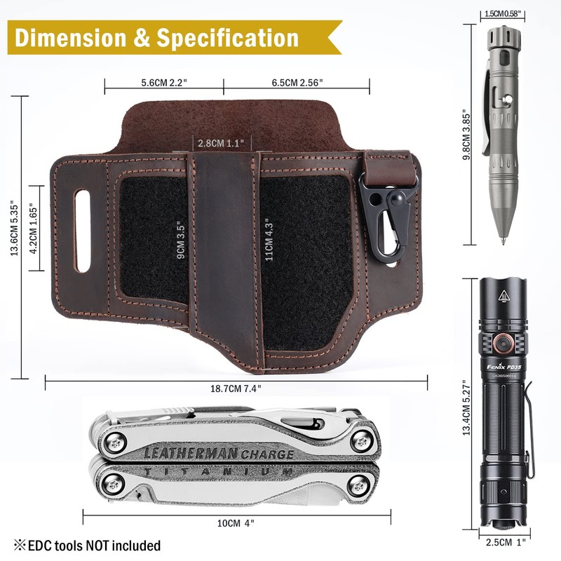 VIPERADE Leather Sheath for Belt, EDC Multitool Sheath, Leather Knife