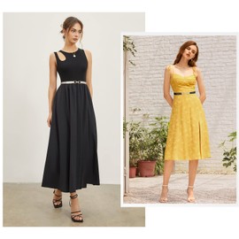 LEACOOLKEY 3 Pack Women Skinny Elastic Belt for Dresses,Thin Retro Stretch Waist Belt with Golden Buckle Black+Brown+Beige,Fit waist size 27"-32"