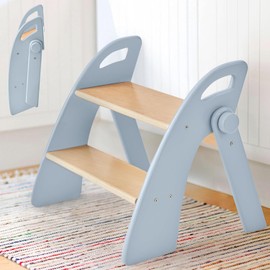 Reeple Wooden 2 Step Stool for Toddlers, Foldable 2-Step with Non-Slip Pads and Handles, Bamboo Step Stool for Kids Bathroom Sink and Potty Training, Kitchen Helper, Nursery Bedroom(Blue)