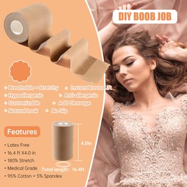 Boob Tape 4 inch Wide, Breast Lift Tape, BoobyTape for Lift Large Big Plus and A to G Cup Size Heavy Breast,self-Adhesive Bra Tape,Body Shaping Tape Chest Support.Fashion Push up in All Dress (Nude A)