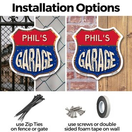 Phil's Garage (2 Pack) 6 inch X 6 inch Shield Shaped Commercial Grade Plastic Signs Weather Resistant, UV Protected To last, Gift for Dads and Uncles Classic Americana Crafted in the USA