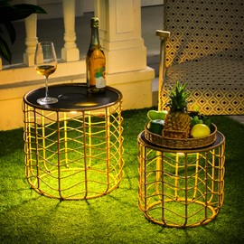 Sumind 2 Sets Solar Nesting Tables with Built-in Lights Cutout Wicker Round Tables for Patio Porch Garden Side Table Outdoor Living Natural Stylish Design