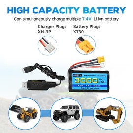 AMZZN 7.4V 3000mAh 15C 2S XT-30 Plug Li-ion Battery with USB Charging Cable for RC High-Speed Cars, Trucks RC Ship Model Car and Huina Engineering Vehicle Batteries