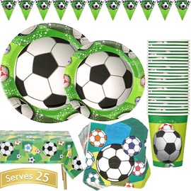 DUOCUTE Soccer Party Supplies 102PCS Sports Themed Children Birthday Paper Dinnerware Set Includes 9"Plates, 7"Plates, Cups, Napkins, Tablecloth and Banner, Serves 25
