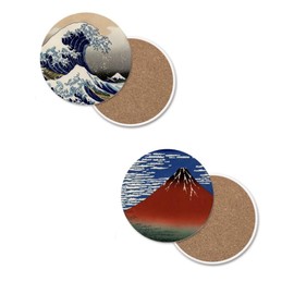 [villageriver] Japanese Souvenir Coaster for Foreigners, Round Shape, Thirty-Six Views of Fugaku, Ceramic (Great Wave Off Kanagawa & Red Fuji)