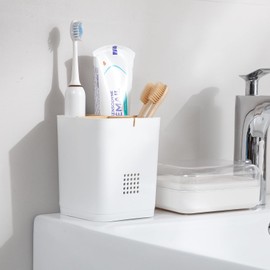 Toothbrush Holders Drainage for Bathrooms, 4 Slots Tooth Brushing Holder with Bamboo Dividers Plastic Electric Toothbrush and Toothpaste Caddy Organizer for Sink, Counter, Shower, Vanity, White