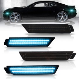 OFFKAT Front & Rear Fender LED Side Marker Lights for Chevy Camaro 2010-2015, 5th Gen Camaro Smoked Lens Side Bumper Marker Lamps, [Ultra-Bright] Ice Blue LED Side Markers Turn Signal Lights, 4 PCS