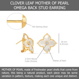 LeCalla 925 Sterling Silver MOP Omega Back Clip-On Earring 14K Gold Plated CZ Mother of Pearl Minimalist Malachite Flower Large Stud Earrings for Women - 20MM