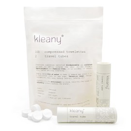Kleany - 100 Compressed Towels Tablets - Biodegradable & Hypoallergenic - Face Towel - Travel & Makeup Remover Wipes - Hiking & Camping - Coin Tissue